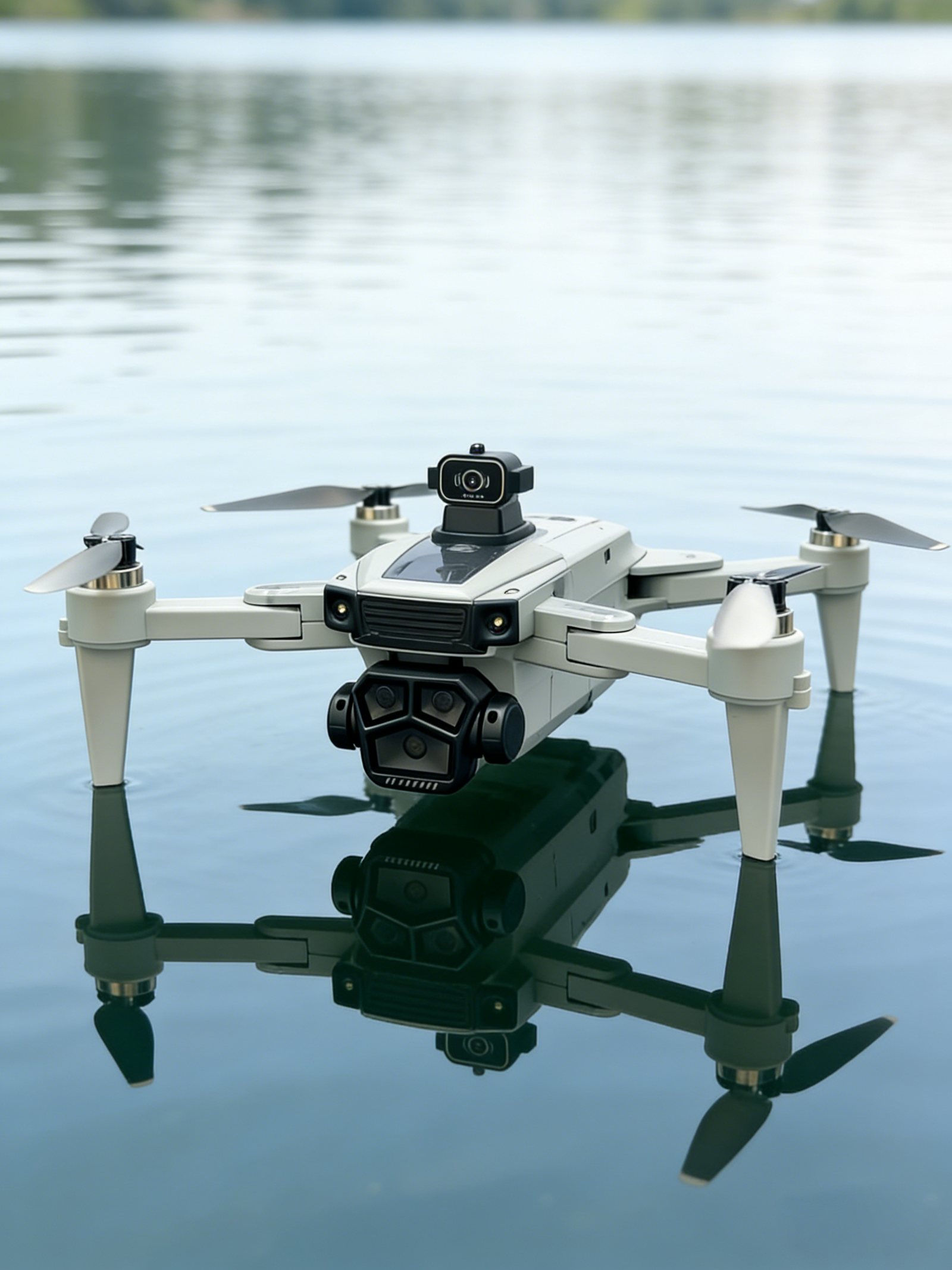 Gray camera drone photographed above water