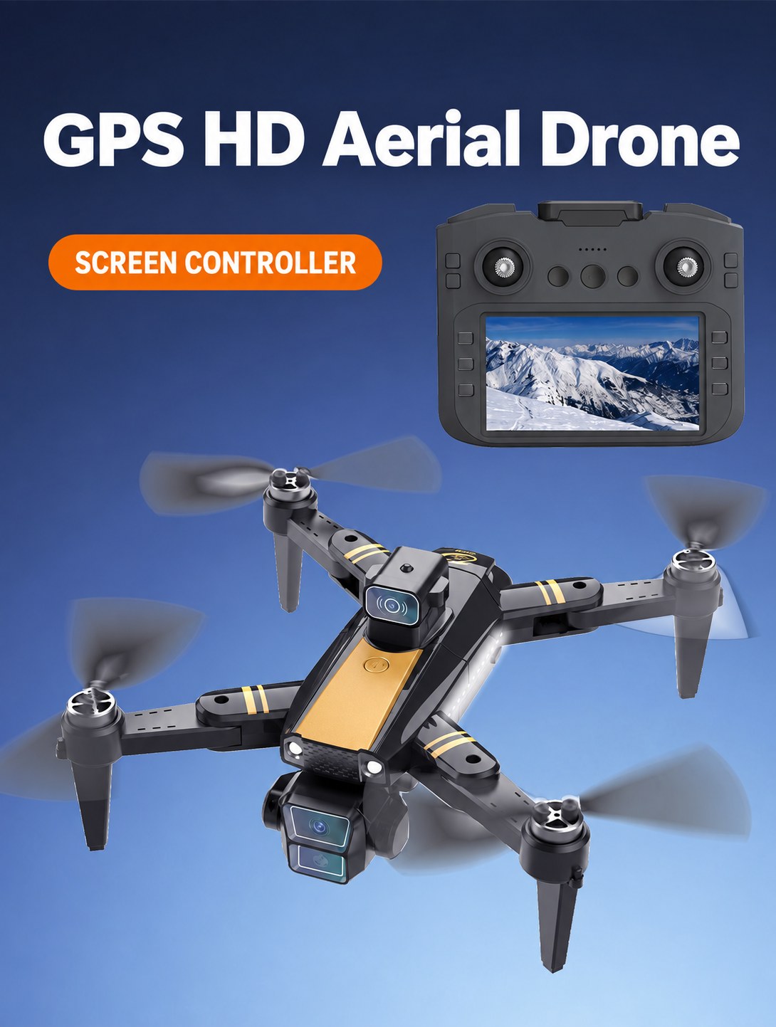 Black and gold GPS drone with screen controller